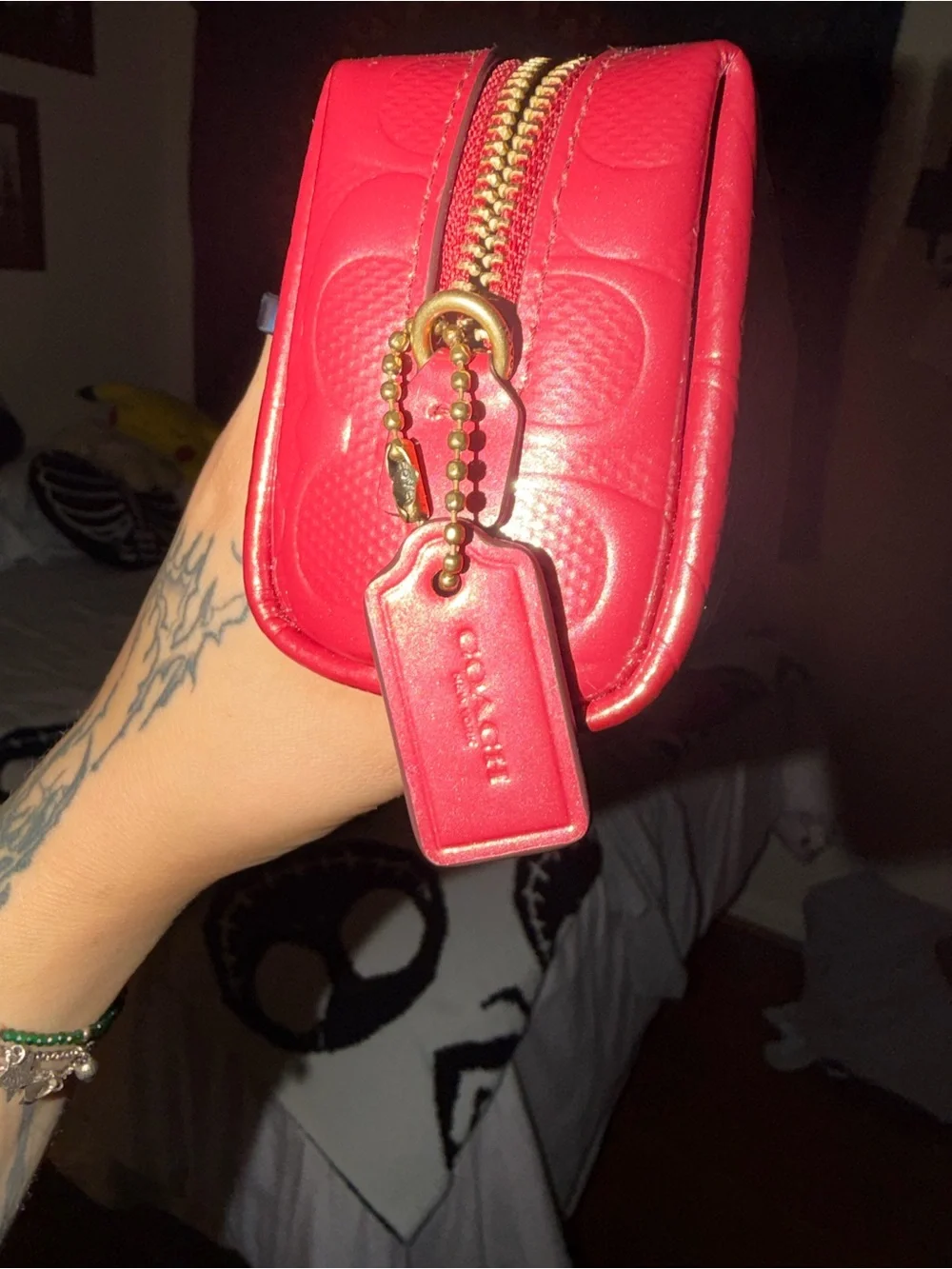 Coach Signature Embossed Cosmetic Pouch in glazed red